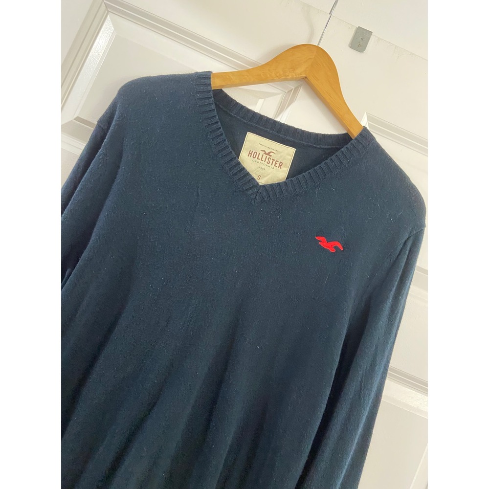 VTG Hollister Mens S V-Neck Sweater Navy Red Seagull Logo Pullover preppy Y2K